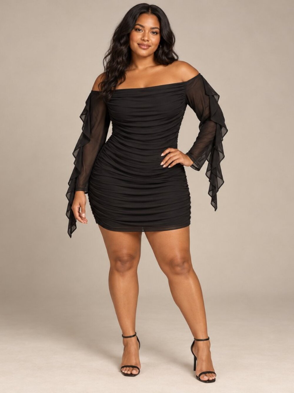 NWT Forever 21 Black Ruched Ruffle Sleeve Mini Dress XL